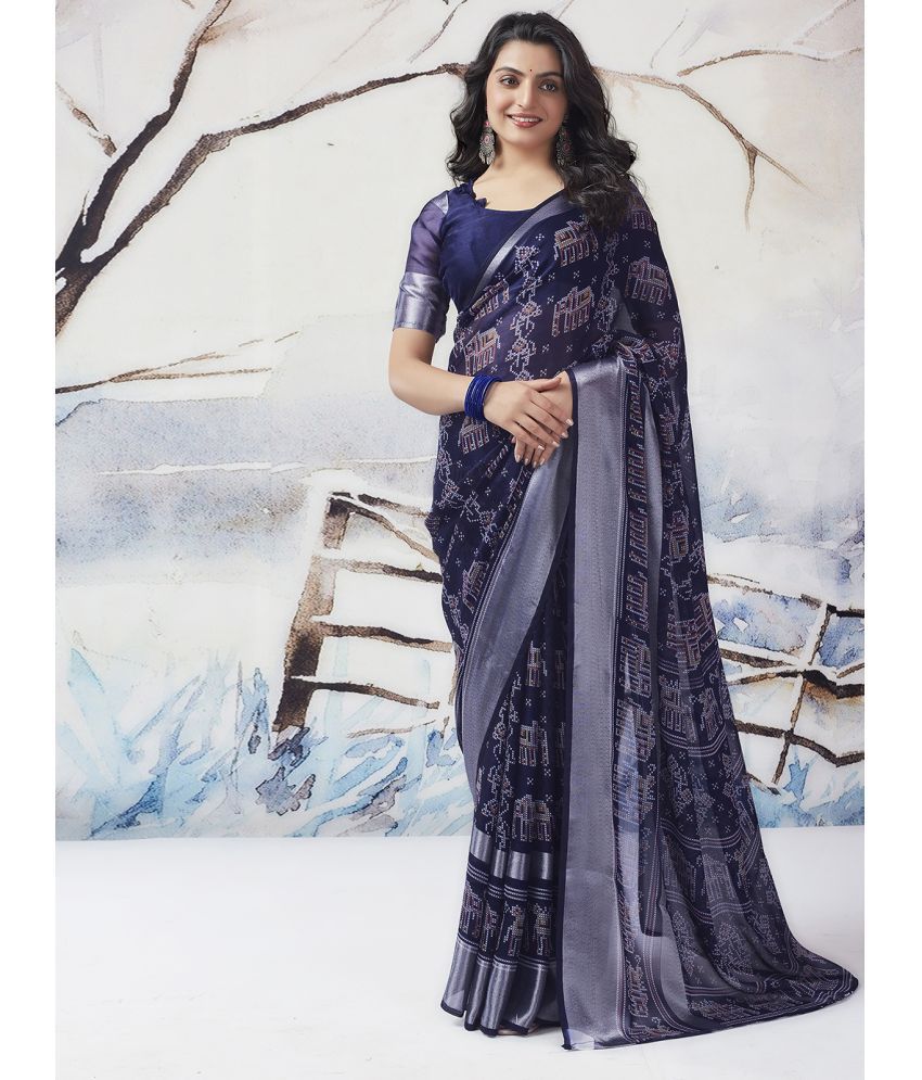     			Samah Chiffon Printed Saree With Blouse Piece - Navy Blue ( Pack of 1 )