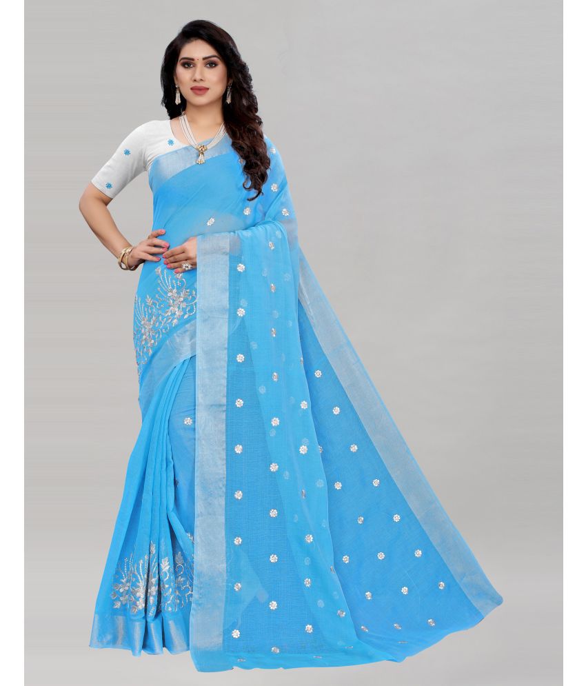    			Samah Cotton Embroidered Saree With Blouse Piece - Light Blue ( Pack of 1 )