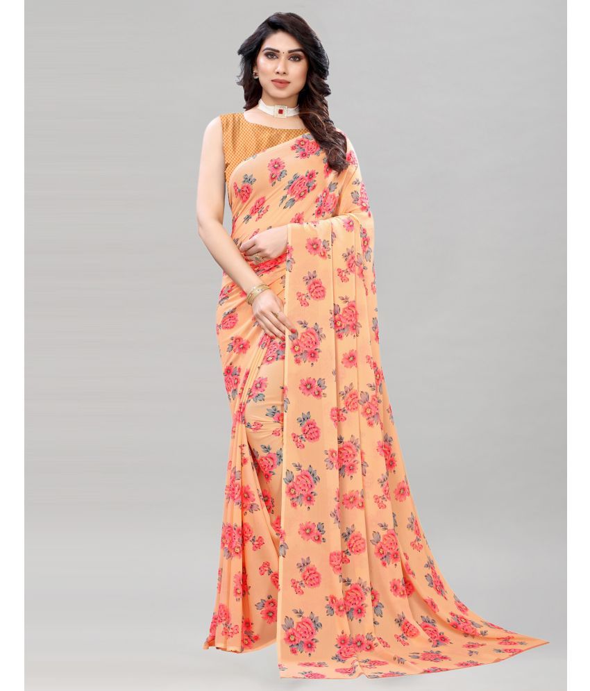     			Samah Georgette Printed Saree With Blouse Piece - Peach ( Pack of 1 )