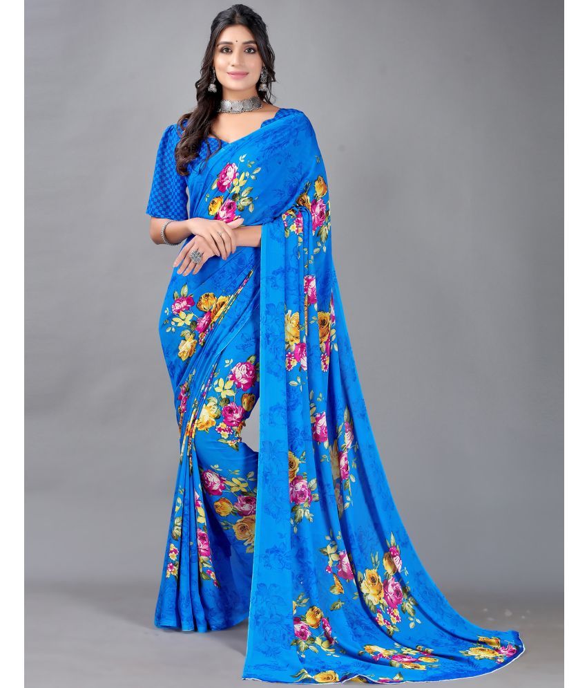     			Samah Georgette Printed Saree With Blouse Piece - Blue ( Pack of 1 )