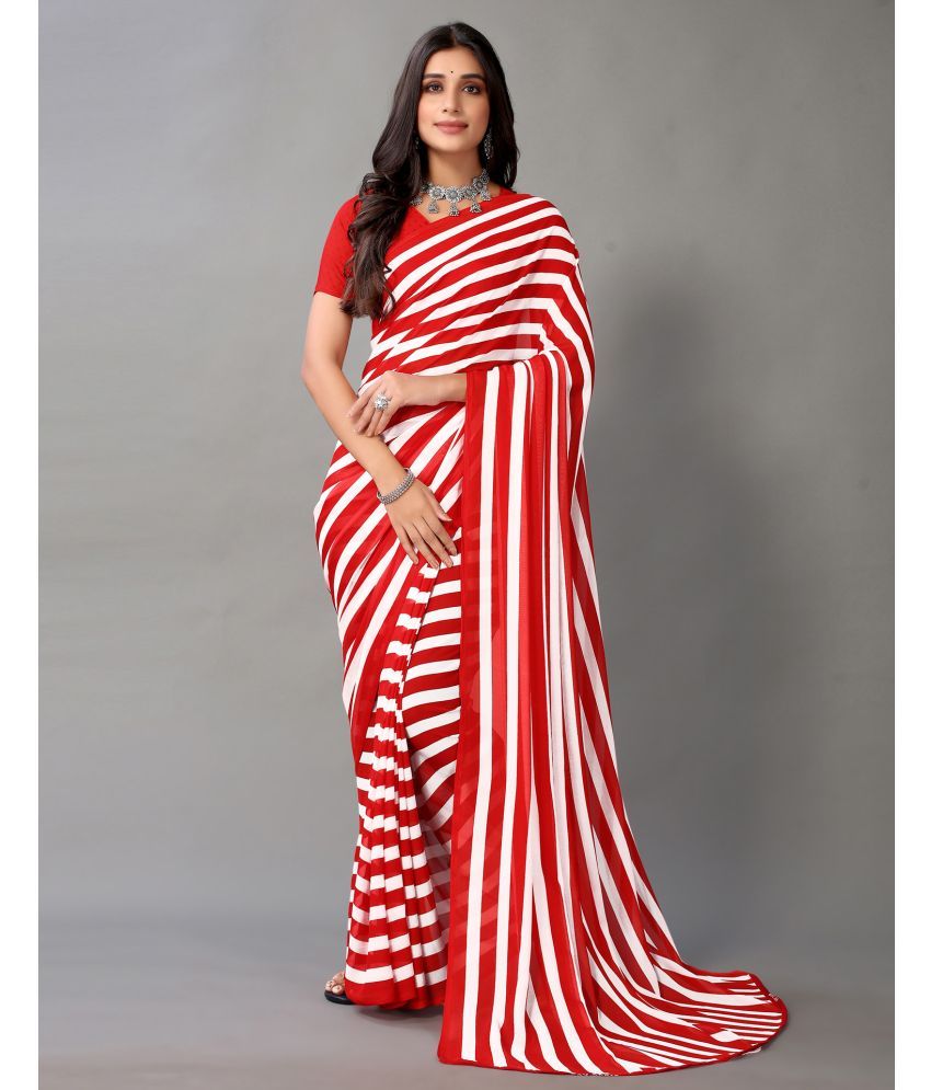     			Samah Georgette Striped Saree With Blouse Piece - Red ( Pack of 1 )