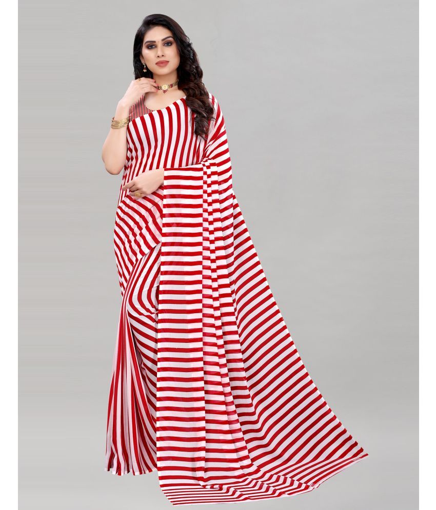     			Samah Georgette Striped Saree With Blouse Piece - Red ( Pack of 1 )