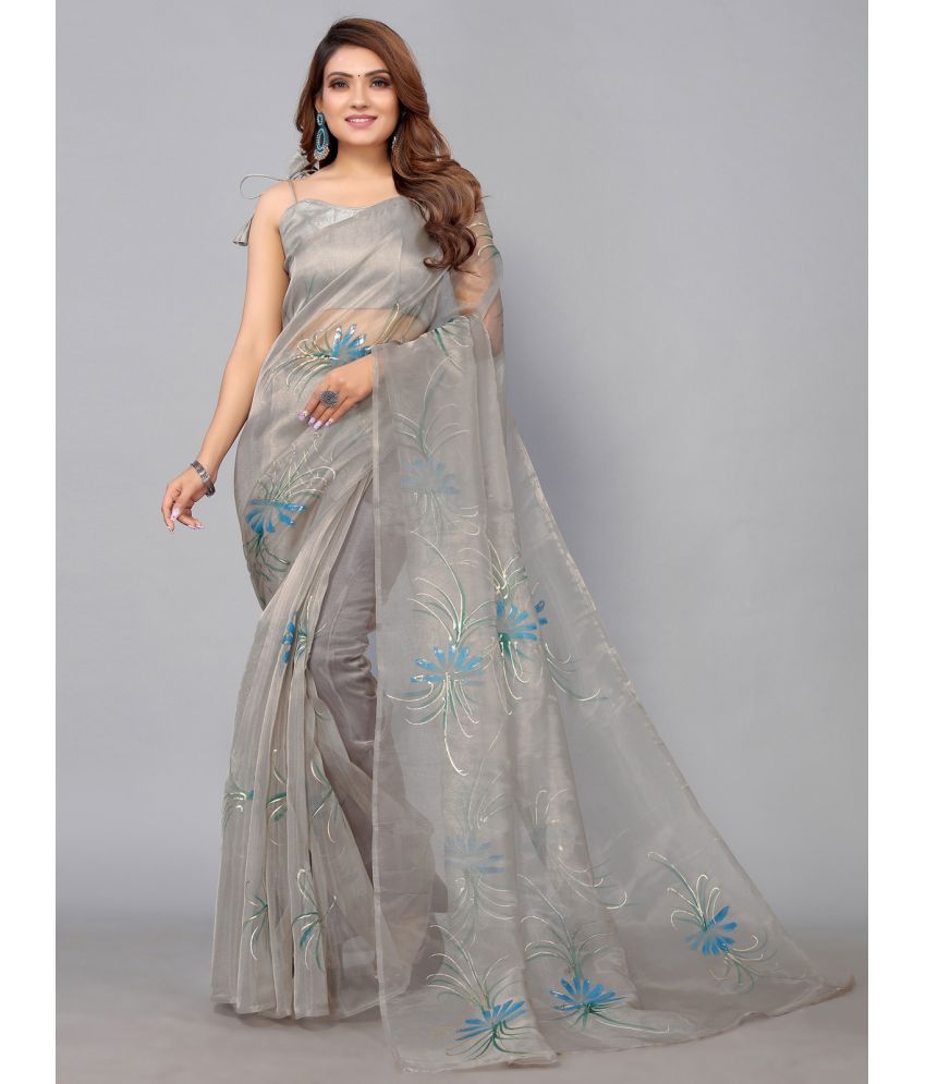     			Samah Organza Printed Saree With Blouse Piece - Grey ( Pack of 1 )