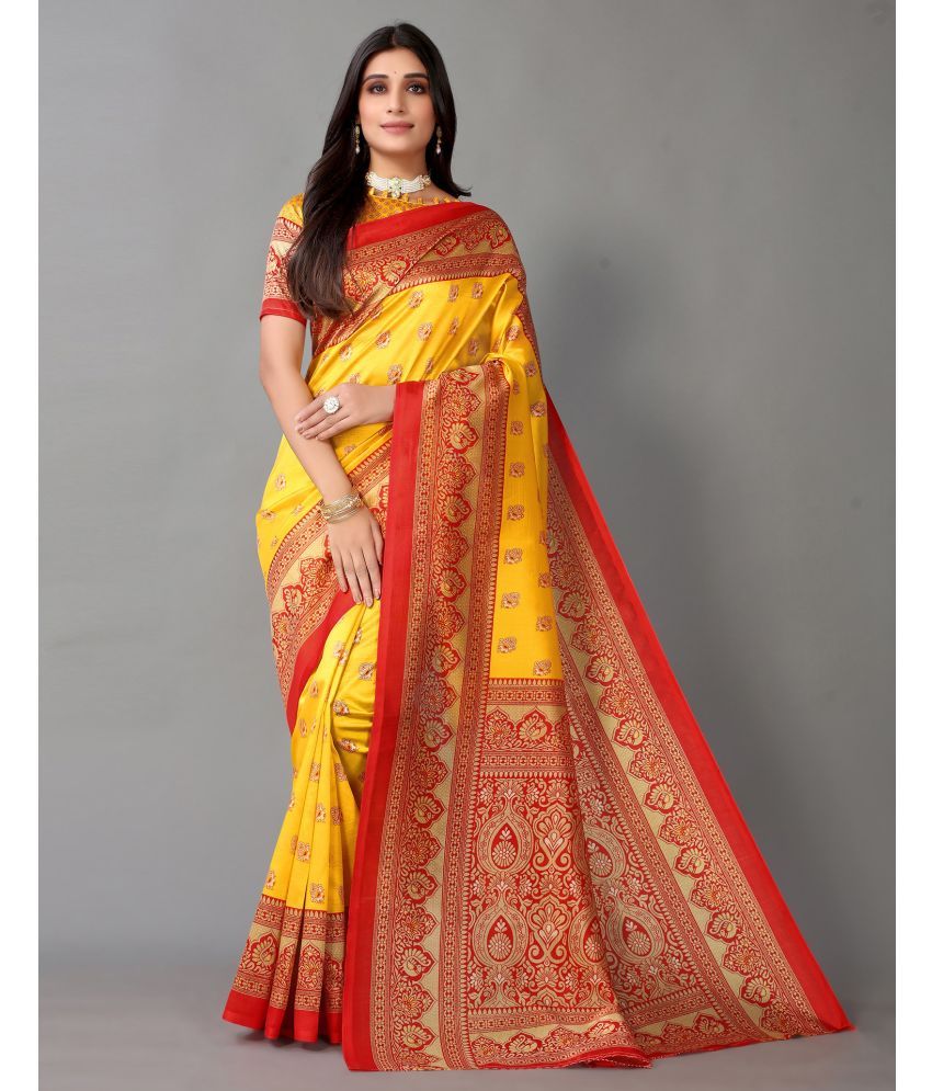     			Samah Silk Printed Saree With Blouse Piece - Yellow ( Pack of 1 )