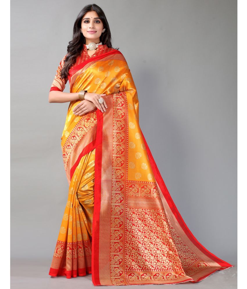     			Samah Silk Printed Saree With Blouse Piece - Yellow ( Pack of 1 )