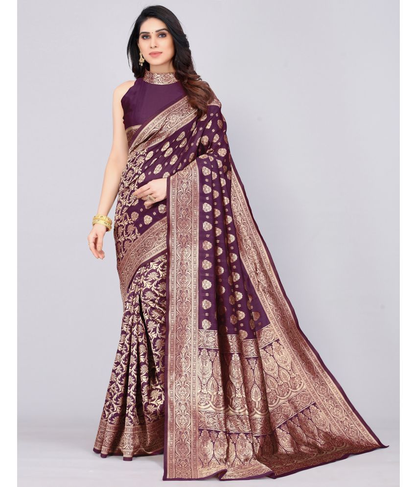     			Samah Silk Woven Saree With Blouse Piece - Purple ( Pack of 1 )