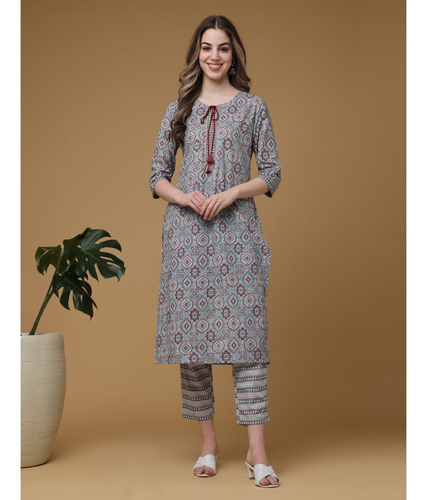     			Sanmatti Cotton Printed Kurti With Pants Women's Stitched Salwar Suit - Light Grey ( Pack of 1 )