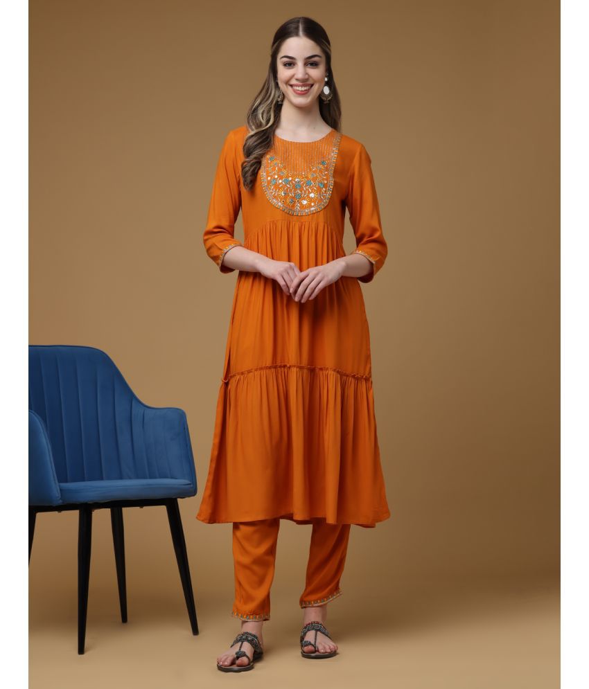     			Sanmatti Rayon Self Design Kurti With Pants Women's Stitched Salwar Suit - Mustard ( Pack of 1 )