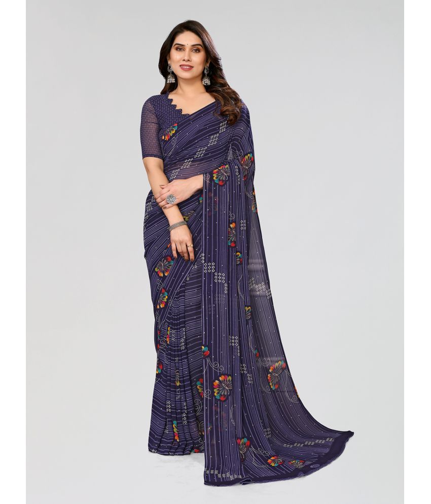     			ANAND SAREES Georgette Printed Saree With Blouse Piece - Navy Blue ( Pack of 1 )