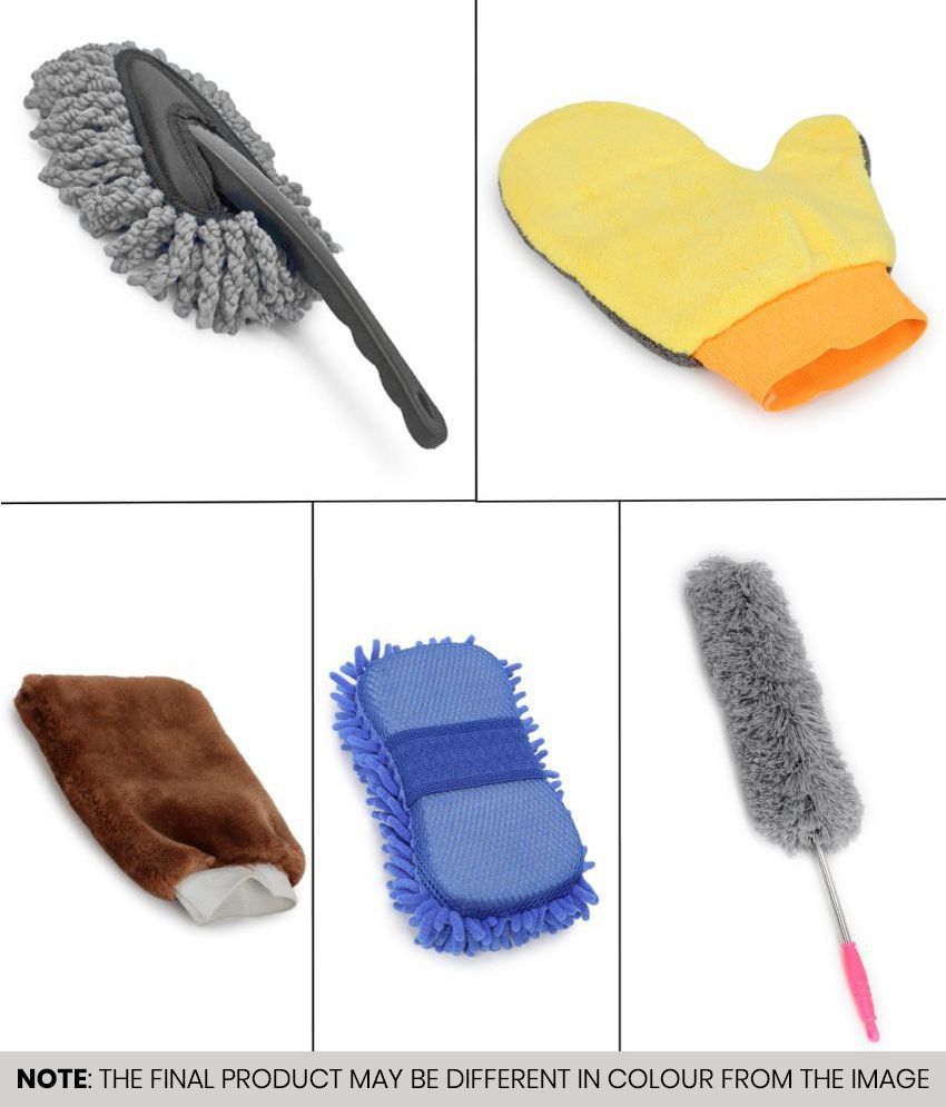     			HOMETALES - Car Cleaning Combo Of Microfiber Sponge Wool Gloves , Mini Duster, Plain Microfiber Gloves And Feather Duster for car accessories( Pack Of 5 )
