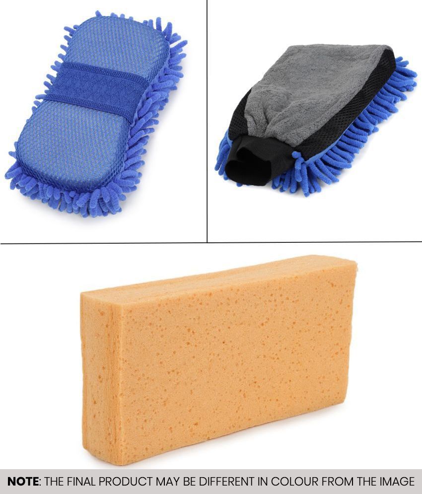    			HOMETALES - Car Cleaning Combo Of Dual Sided Microfiber Gloves , Sponge And Cellulose Sponge for car accessories( Pack Of 3 )