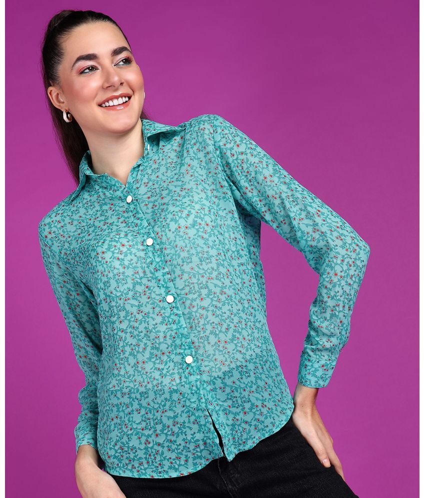     			POPWINGS Turquoise Chiffon Women's Shirt Style Top ( Pack of 1 )