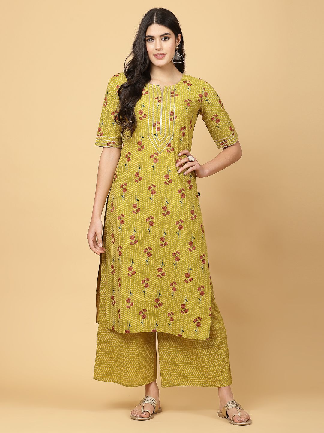     			Pistaa Cotton Printed Kurti With Palazzo Women's Stitched Salwar Suit - Yellow ( Pack of 1 )
