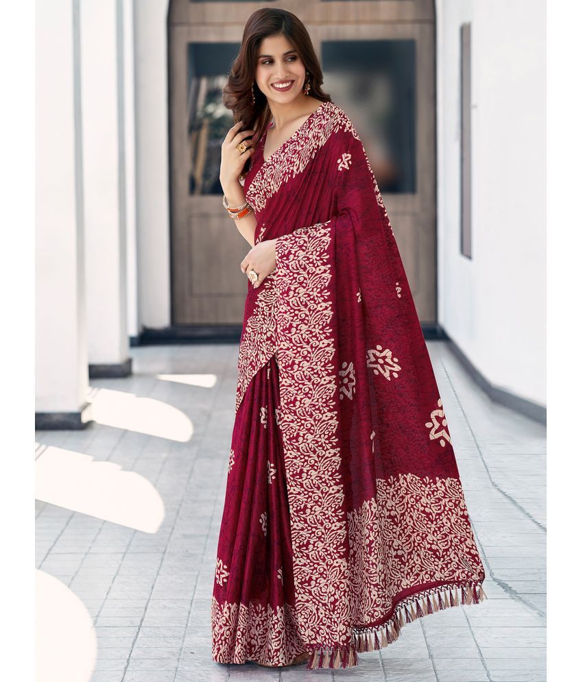     			Samah Silk Printed Saree With Blouse Piece - Maroon ( Pack of 1 )