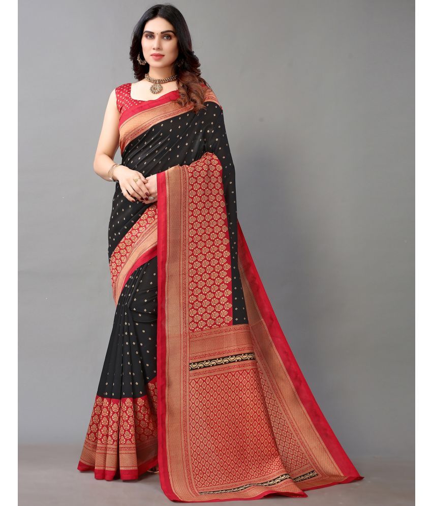     			Samah Silk Printed Saree With Blouse Piece - Black ( Pack of 1 )