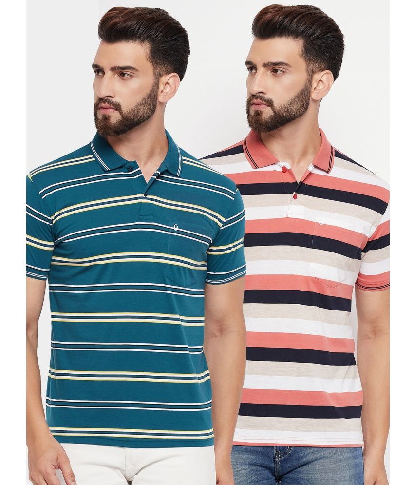     			UNIBERRY Cotton Blend Regular Fit Striped Half Sleeves Men's Polo T Shirt - Teal Blue ( Pack of 2 )
