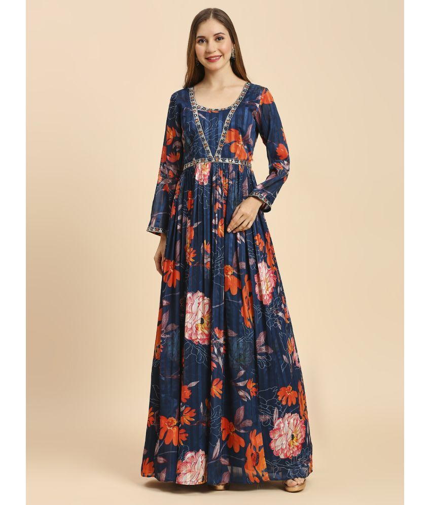     			Madhuram Textiles Satin Printed Full Length Women's Gown - Blue ( Pack of 1 )