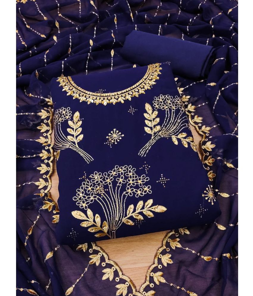     			ALSHOP Unstitched Georgette Embellished Dress Material - Navy Blue ( Pack of 1 )
