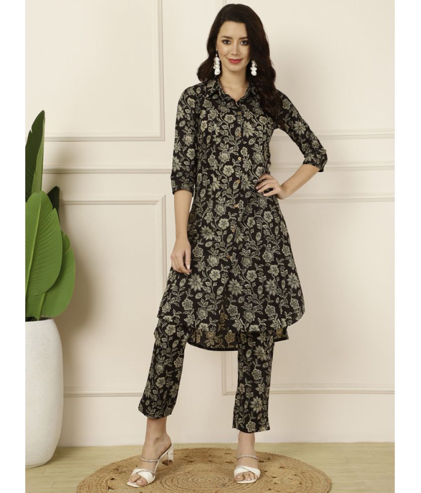     			Antaran Cotton Printed Kurti With Pants Women's Stitched Salwar Suit - Black ( Pack of 1 )