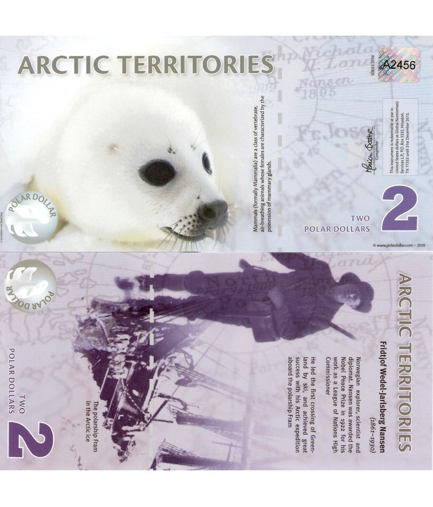     			Extremely Rare Arctic Territories 2 Polar Dollars Polymer Fantasy Note Top Grade Gem UNC