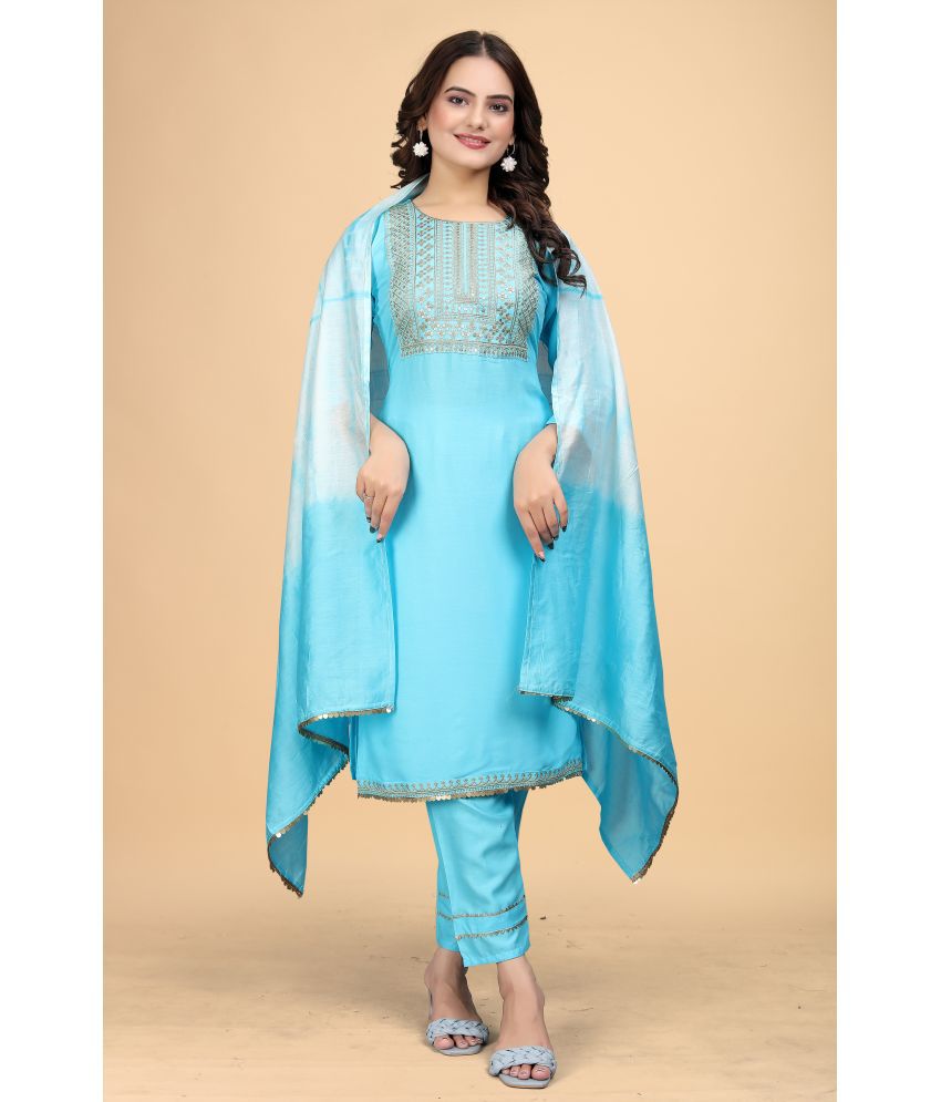     			Kandora Rayon Embroidered Kurti With Pants Women's Stitched Salwar Suit - Turquoise ( Pack of 1 )