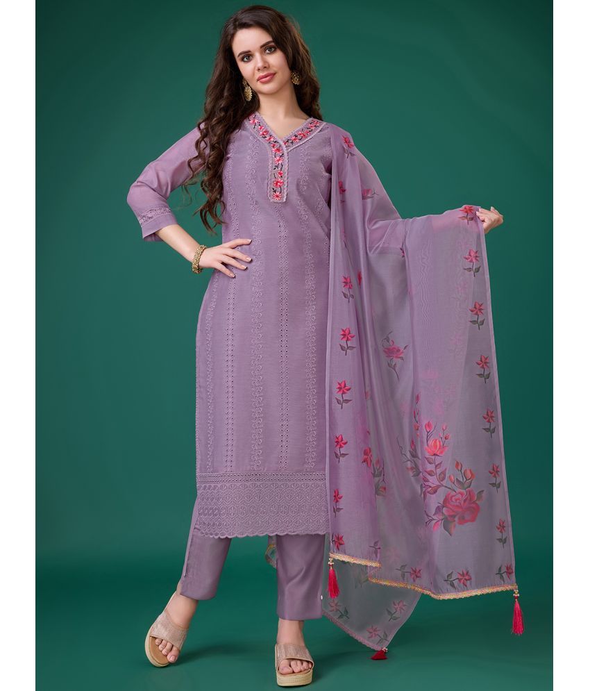     			MOJILAA Chanderi Embroidered Kurti With Pants Women's Stitched Salwar Suit - Lavender ( Pack of 1 )