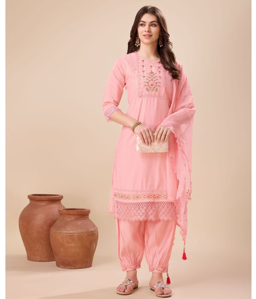     			MOJILAA Silk Embroidered Kurti With Salwar Women's Stitched Salwar Suit - Peach ( Pack of 1 )
