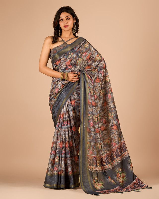     			Sanwariya Silks Cotton Blend Printed Saree With Blouse Piece - Grey ( Pack of 1 )