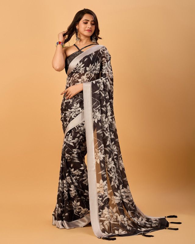     			Sanwariya Silks Organza Printed Saree With Blouse Piece - Grey ( Pack of 1 )