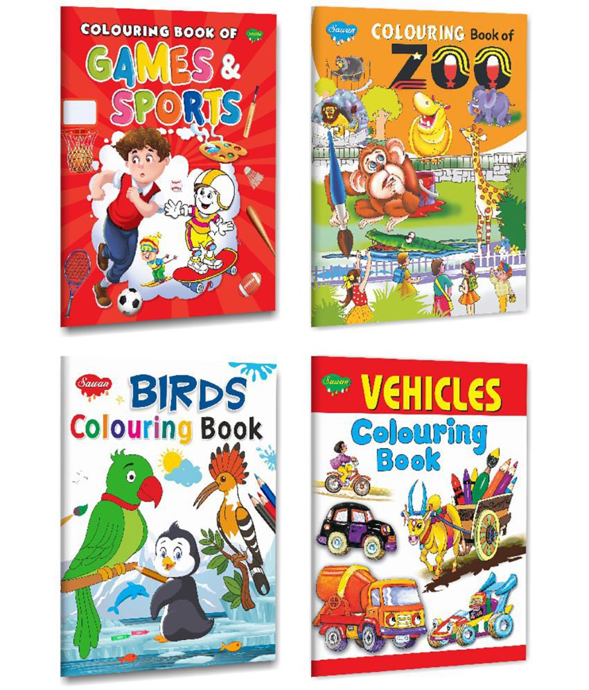     			Set Of 4 Colouring Books For Children - Games And Sports, Zoo, Birds And Vehicles (Paperback, Manoj Publications Editorial Board)