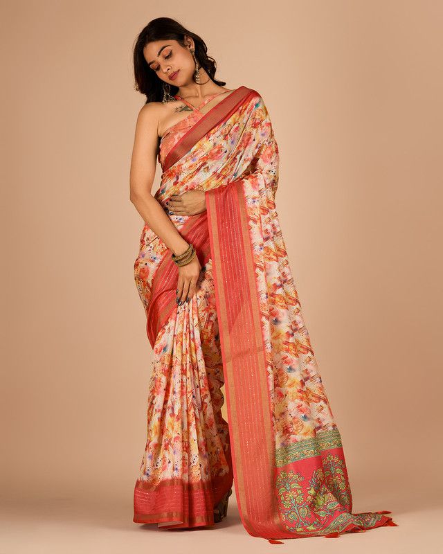     			Sitanjali Cotton Blend Printed Saree With Blouse Piece - Orange ( Pack of 1 )
