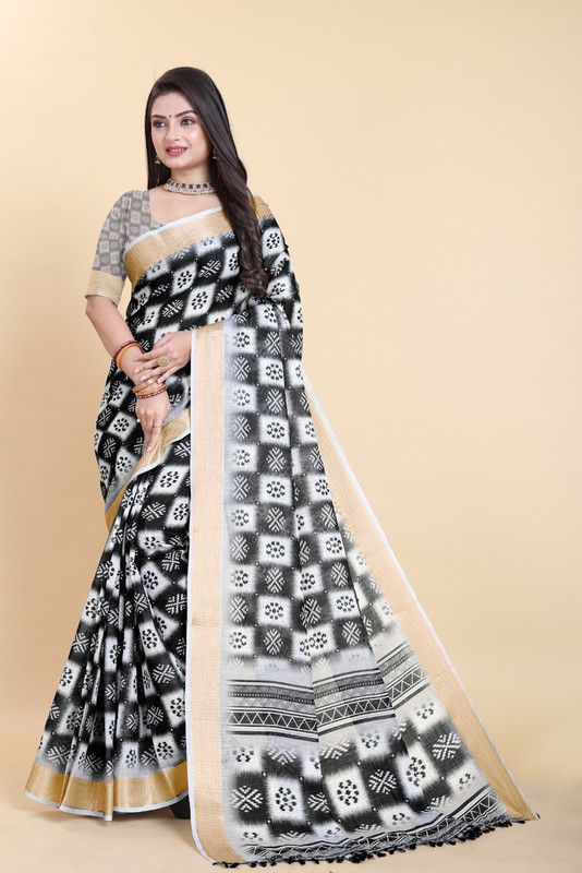     			Sitanjali Linen Printed Saree With Blouse Piece - Black ( Pack of 1 )