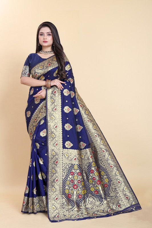     			Sitanjali Silk Embellished Saree With Blouse Piece - Navy Blue ( Pack of 1 )