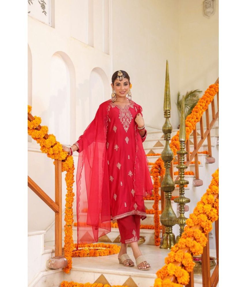     			Juniper Chanderi Embroidered Kurti With Pants Women's Stitched Salwar Suit - Red ( Pack of 1 )