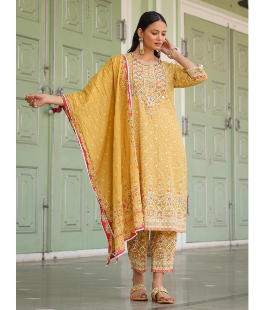     			Juniper Cotton Printed Kurti With Pants Women's Stitched Salwar Suit - Mustard ( Pack of 1 )