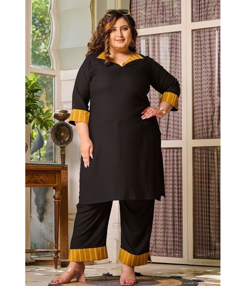    			PrettyPlus by Desinoor.com Rayon Colorblock Kurti With Palazzo Women's Stitched Salwar Suit - Black ( Pack of 1 )