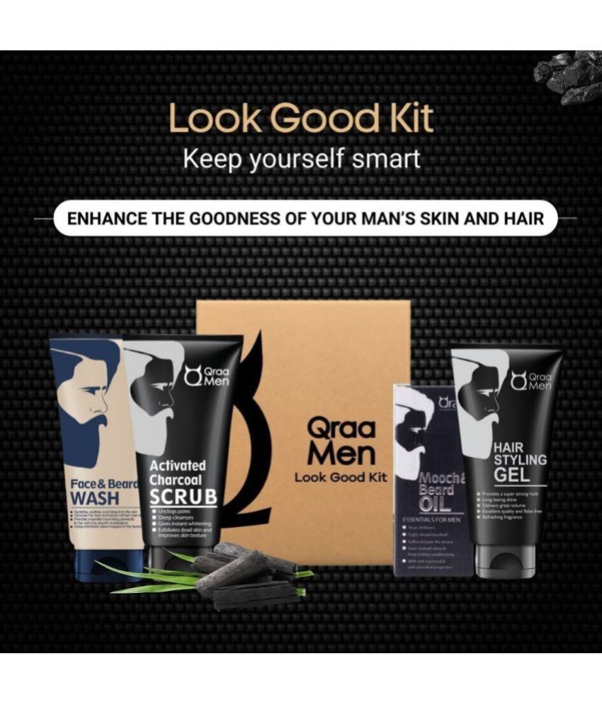     			Qraa Men Look Good Kit, 330 g (Pack of Face Wash, Styling Gel, Scrub ,Oil For Beard ), Premium gift box for Men