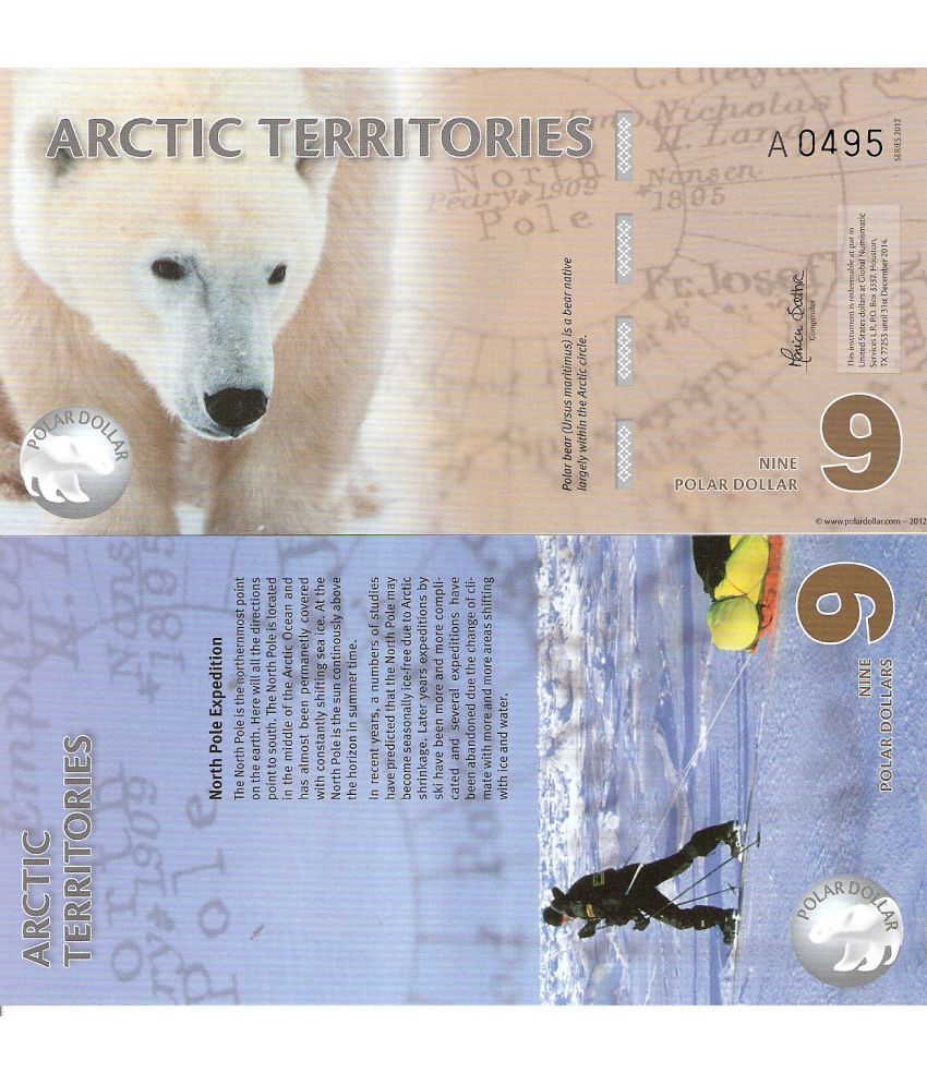     			Extremely Rare Arctic Territories 9 Polar Dollars Polymer Fantasy Note Top Grade Gem UNC