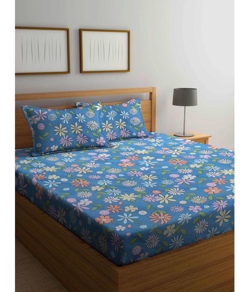     			FABINALIV Poly Cotton Floral 1 Double King Size Bedsheet with 2 Pillow Covers - Dark Blue