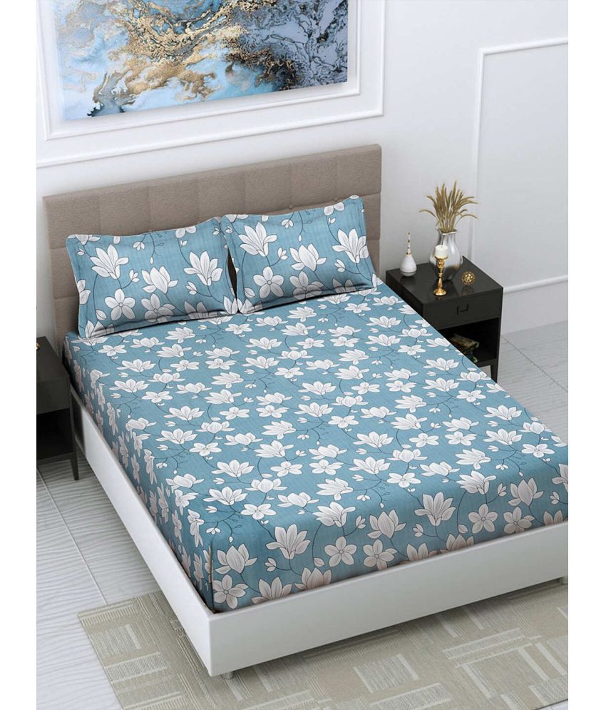     			FABINALIV Poly Cotton Floral 1 Double King Size Bedsheet with 2 Pillow Covers - Blue