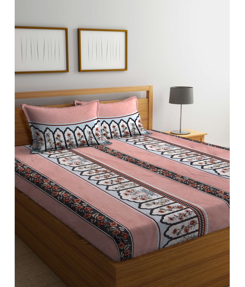     			FABINALIV Poly Cotton Floral 1 Double King Size Bedsheet with 2 Pillow Covers - Peach
