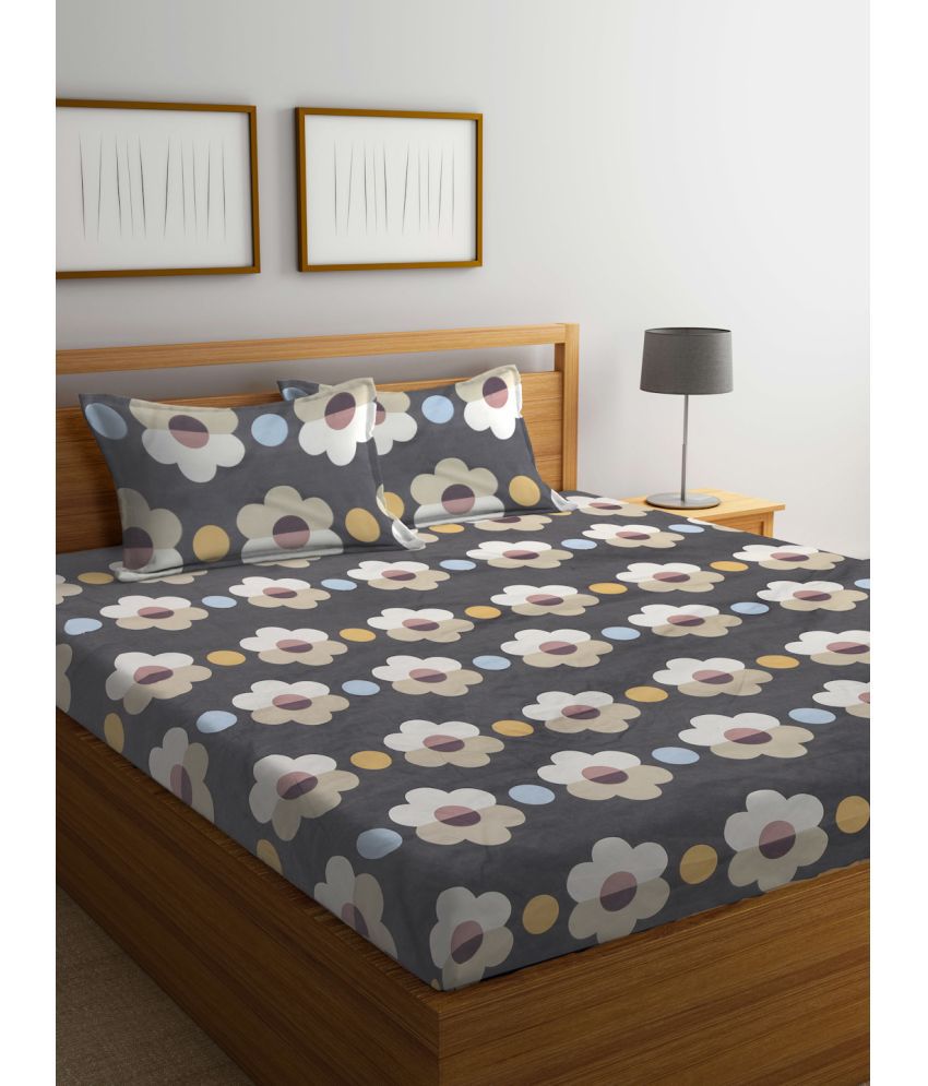     			FABINALIV Poly Cotton Floral 1 Double King Size Bedsheet with 2 Pillow Covers - Gray
