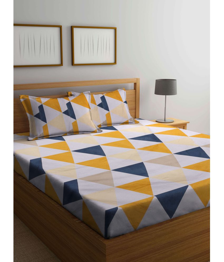     			FABINALIV Poly Cotton Geometric 1 Double King Size Bedsheet with 2 Pillow Covers - Yellow