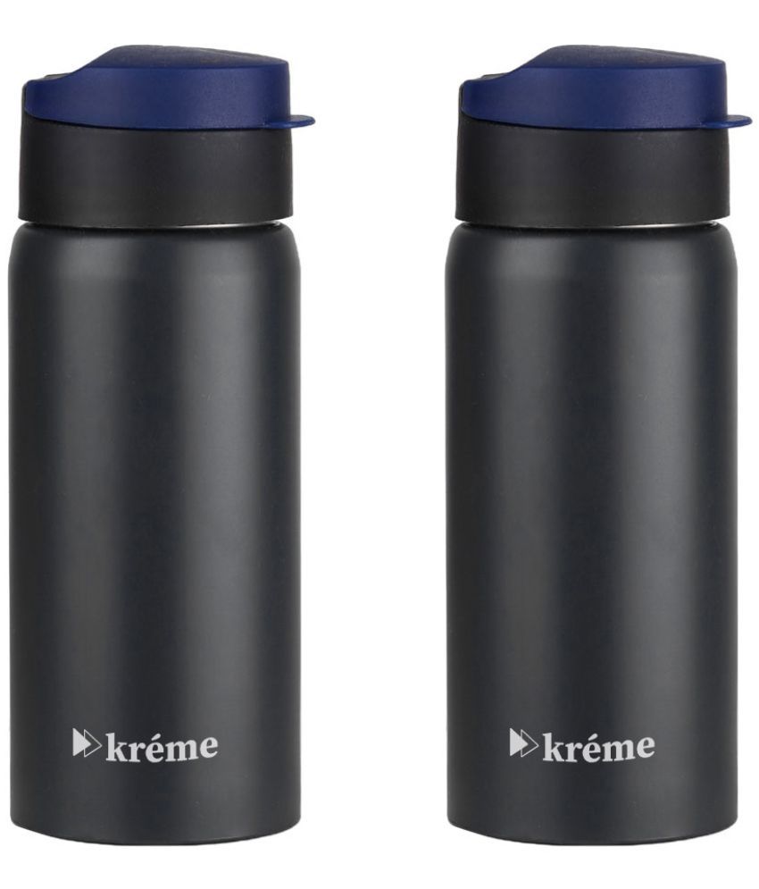     			KREME Kreme 600 ml Bottle (Pack of 2, Black, Steel) Black Steel Water Bottle 600 mL ( Set of 2 )