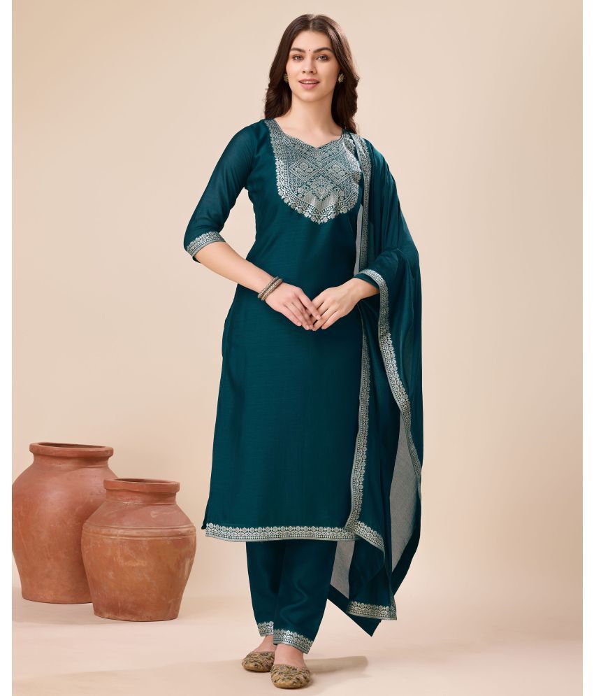     			MOJILAA Silk Self Design Kurti With Pants Women's Stitched Salwar Suit - Teal ( Pack of 1 )