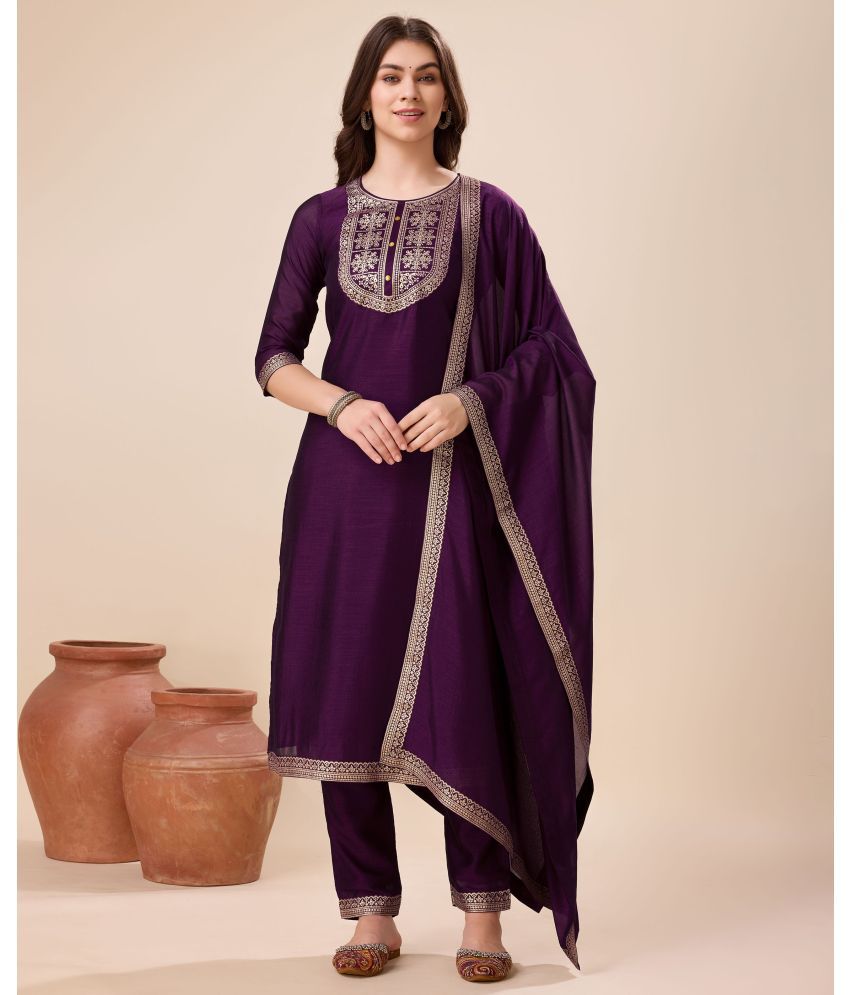     			MOJILAA Silk Self Design Kurti With Pants Women's Stitched Salwar Suit - Purple ( Pack of 1 )