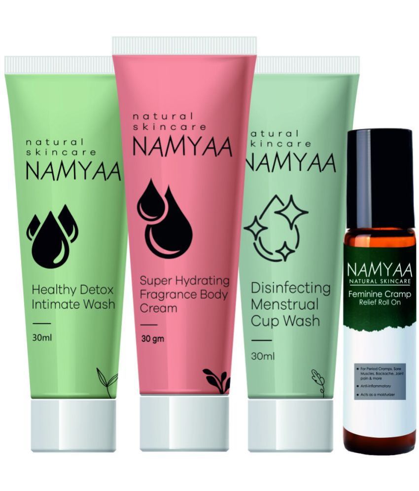     			Namyaa Intimate Travel Hygiene Kit | Combo Pack of Intimate Wash,  Cup Wash, Super Hydrating Fragrance Body Cream & Period Cramp Roll On | Perfect for Period Pain & Hygiene | 100g