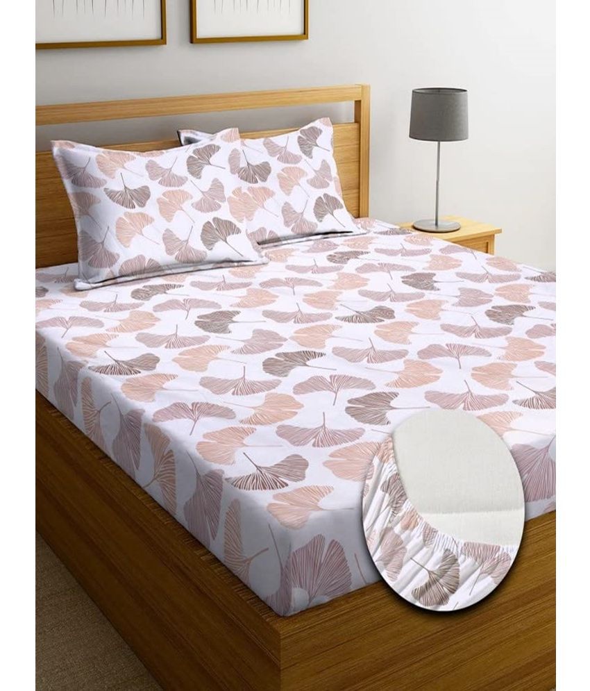     			SHOMES Cotton Floral Fitted 1 Bedsheet with 2 Pillow Covers ( Double Bed ) - White