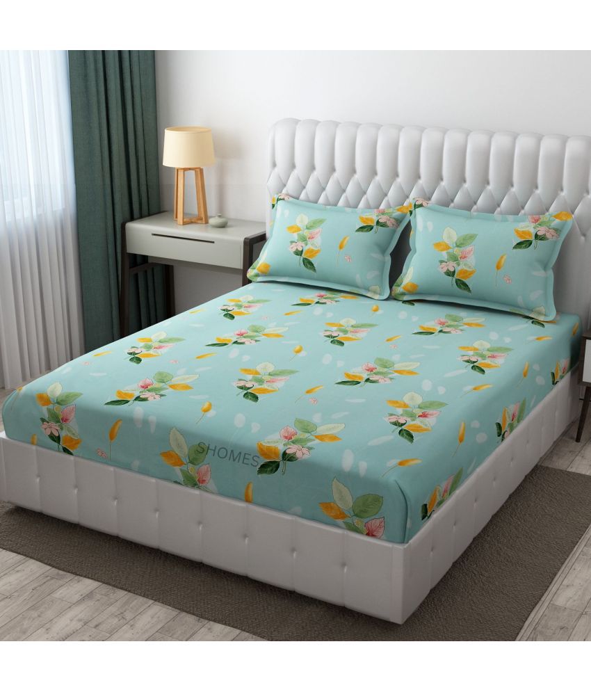     			SHOMES Cotton Floral Fitted 1 Bedsheet with 2 Pillow Covers ( Double Bed ) - Sky Blue