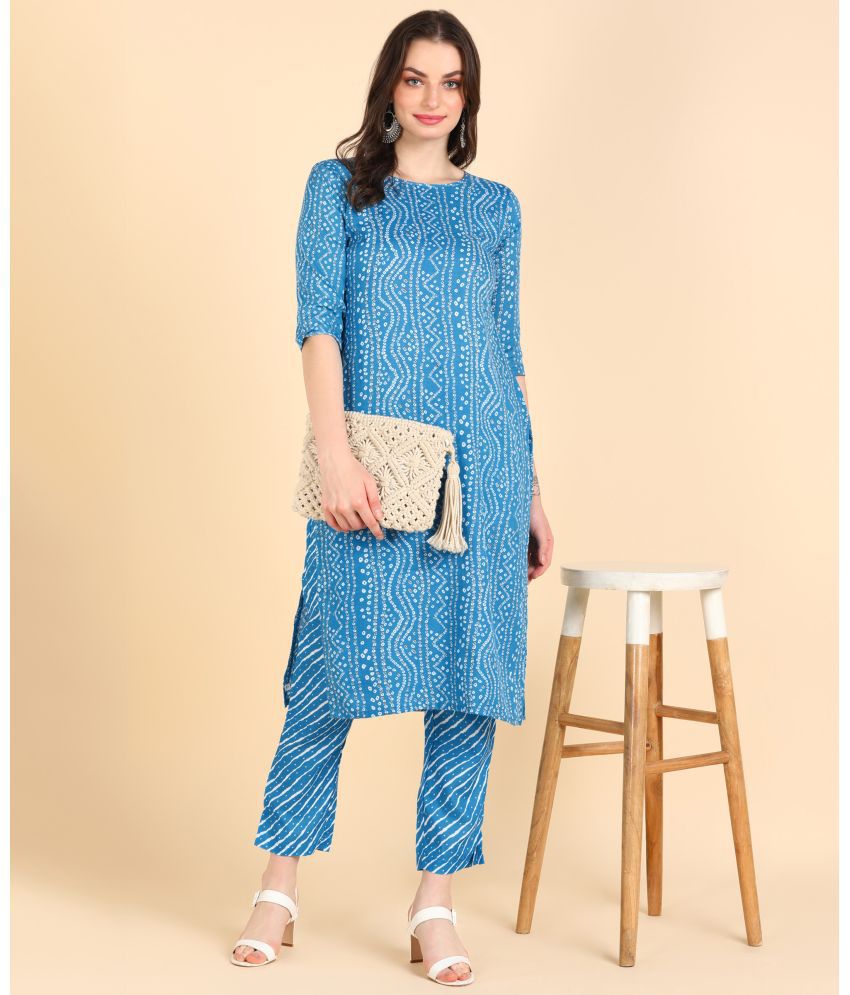     			DSK STUDIO Cotton Blend Printed Kurti With Pants Women's Stitched Salwar Suit - Light Blue ( Pack of 1 )